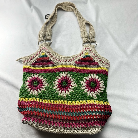 The Sak Crochet Purse Beach Boho Shoulder Bag Tote Multi Floral Patch Summer - Picture 10 of 11